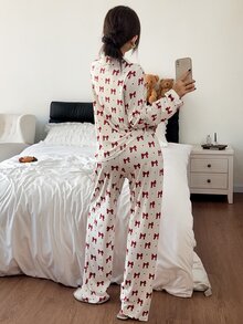 Napfluff طقم بنطلون بأكمام طويلة وياقة مطرزة وجيب بفيونكة لطيف وكاجوال - متعدد الألوان - مشاهدة 2