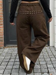 Dazy Plus Loose Fit Solid Color Street Casual Curved Leg Long Jeans With Rivet Design, Spring/Autumn/Winter - Brown - View 2