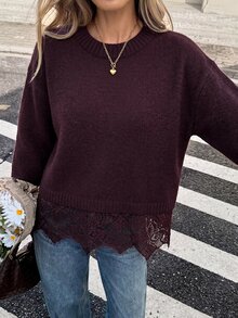 Serisse 落肩對比蕾絲針織衫 辦公室秋季休閒優雅款 秋冬優雅正式商務時尚 返校季 酒紅/紅酒色 - 酒紅色 - 查看 3
