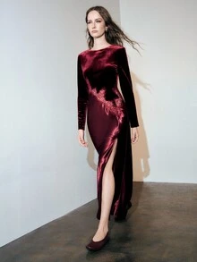 MOTF PREMIUM VELVET LACE SATIN PATCHWORK SLIT DRESS - Burgundy - View 1