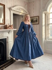 Lyrianda Plus Size Denim Effect Cinched Waist A-Line Dress - Royal Blue - View 4