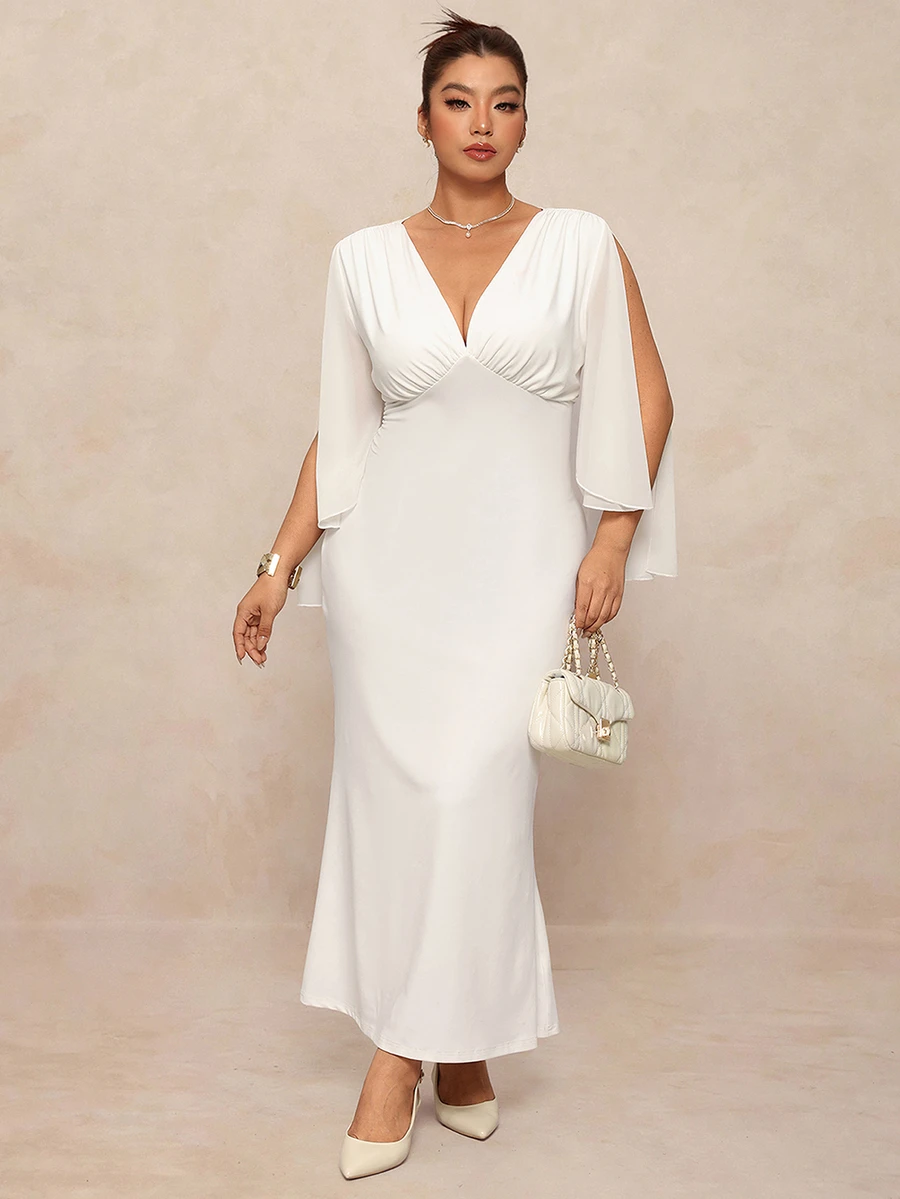 Elaquor Plus Size Sexy Elegant Pleated Fishtail Hem Dress - White - View 1