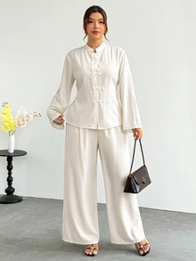 Firerie Plus Size Vintage Frog Button Long Sleeve Shirt And Loose Pants 2 Pieces Set - Beige - View 1