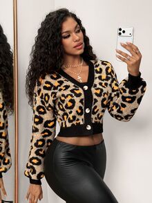 SHEIN BamGlam Sweater Kardigan Kancing Motif Leopard untuk Musim Gugur/Dingin - MultiWarna - View 3