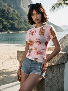 CAJUNI 女款全印花休閒百搭日常短袖上衣 - 彩色 - 查看 5