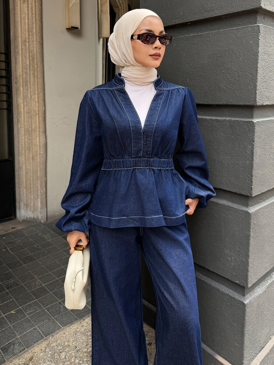 DAZY Women's Ruched Waist Long Sleeve Top And Loose Fit Denim Pants Set - Blue - View 1