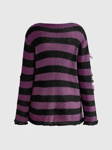 ROMWE Goth Women's Striped Casual Daily Long Sleeve Sweater - Purple - View 2