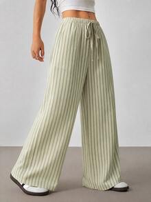SHEIN PETITE Women's Striped Drawstring Waist Casual Daily Long Pants - Mint Green - View 7