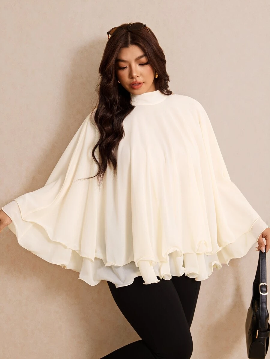Elaquor Plus Size Women's Solid Color Stand Collar Ruffle Elegant Cape Blouse - Beige - View 1