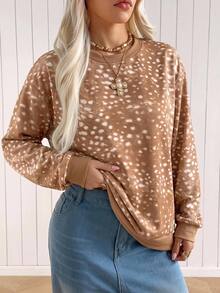 SHEIN EZwear 女款時尚百搭棕色鹿紋長袖圓領運動衫，適合返校季、教師畢業、秋季休閒、大學風、早午餐等場合 - 彩色 - 查看 5