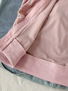 SHEIN Tween女孩秋冬休閒街頭風粉色天鵝絨小Logo刺繡袋鼠口袋人造毛飾邊連帽拉鍊外套 - 粉色 - 查看 6