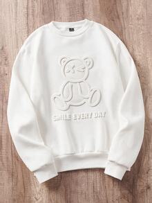 Manfinity Joysei White Standard Size Men's Loose Drop Shoulder Thick Pullover Sweatshirt, 3D Teddy Bear Graphic Design - White - View 1