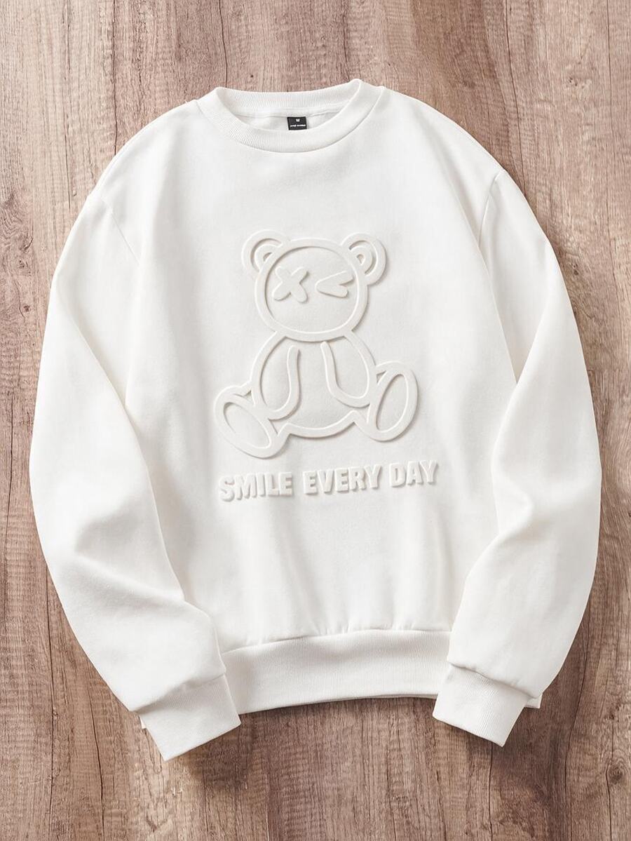 Manfinity Joysei White Standard Size Men's Loose Drop Shoulder Thick Pullover Sweatshirt, 3D Teddy Bear Graphic Design - White - View 1