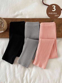 LMoss Kids LMoss 3件組少女純色修身休閒內搭褲，聖誕款，舒適秋冬款，保暖舒適 - 彩色 - 查看 3
