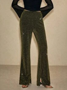 Poéselle Women's Elastic High Waist Loose Wide Leg Long Pants - Gold - View 5