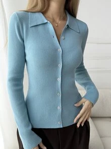 Livesso Cardigan Rajut Kabel Lengan Panjang Slim Fit Wanita Warna Biru dengan Kerah Bulat dan Kancing, Musim Gugur/Dingin - Biru - View 3