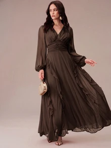 BELROSIE Lantern Sleeve Ruffle Trim Maxi Dress - Coffee - View 5