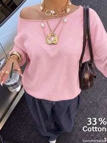 SHEIN EZwear 女款休閒粉色露肩寬鬆長袖衛衣，33%棉，女款反季服飾 - 淺藍色 - 查看 2