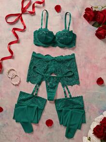 Elorette Women's Lace Spaghetti Strap Bra, Triangle Panty And Tights Sexy Lingerie Set - Dark Green - View 3