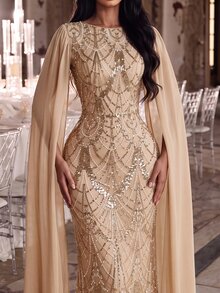 Elovaire Sequin Embellished Long Evening Gown, Elegant Formal Romantic Mermaid Silhouette Fall Wedding Prom Graduation Party Christmas Beige - Champagne - View 4