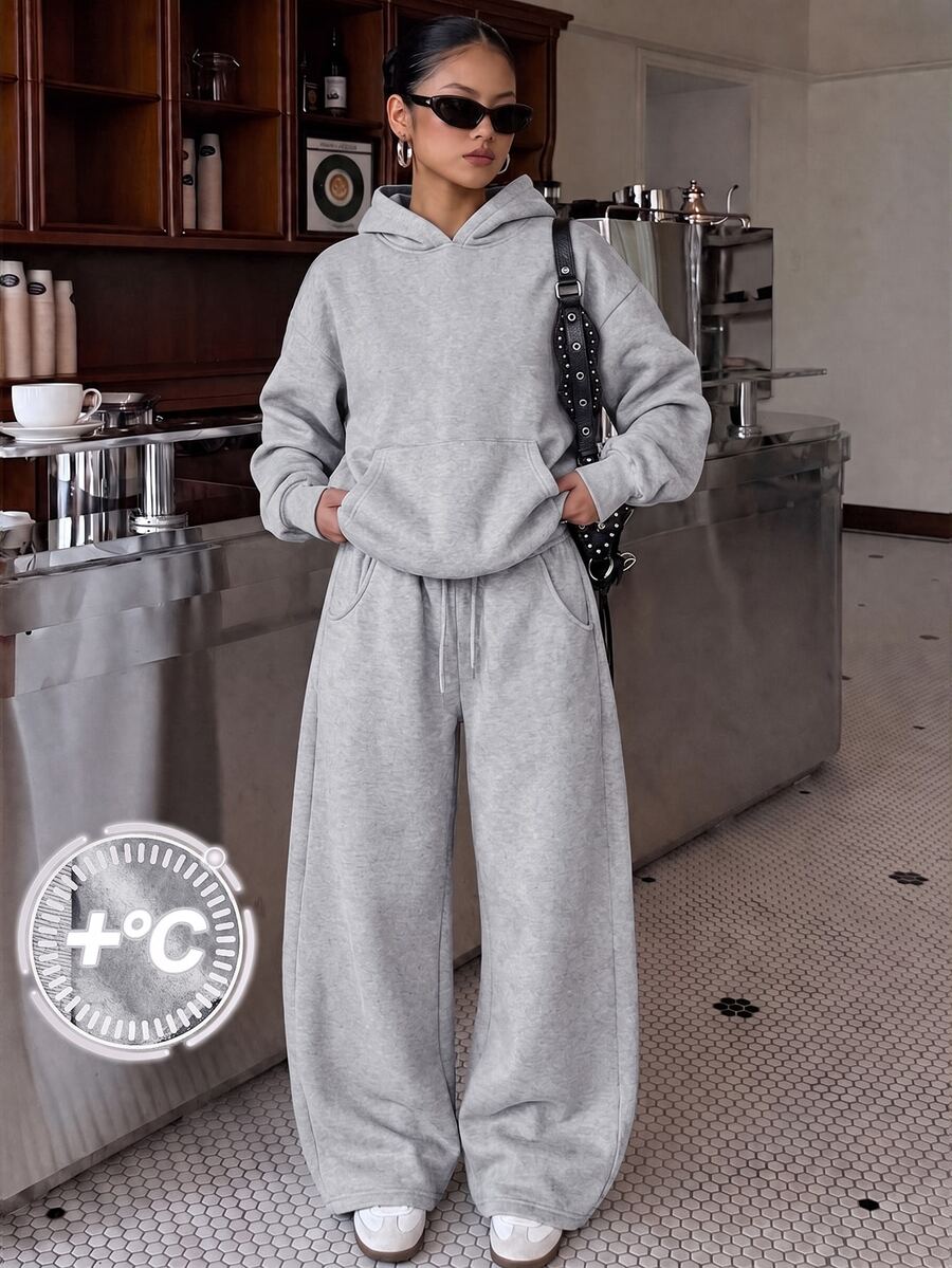 SHEIN 青少年女孩連帽衫與運動衫套裝 秋冬灰色保暖內裡寬鬆版型運動衫套組 - 灰色 - 查看 1