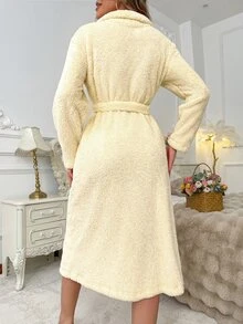 SweetSlumber Girls' Soft Pink Heart Embroidered Plush Long Robe Autumn/Winter Loungewear - Yellow - View 2