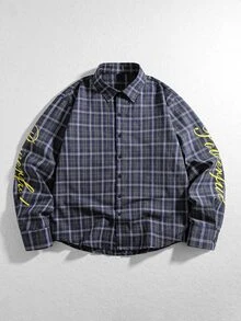 ROMWE MEN Street Life Men's Letter Print Long Sleeve Plaid Single-Breasted Casual Shirt - Blue - View 2