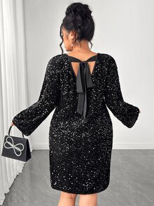 Elenzga Plus Size Party Dress With Large Scoop Neck, Back Bowknot, Flared Sleeves, Straight Loose Fit And Sequin - Black - View 2