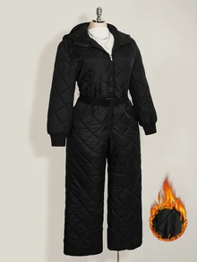 SHEIN ICON Women's Plus Size Quilted Diamond Pattern Black Ski Jumpsuit - Black - View 5