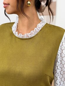 SHEIN Frenchy فستان عطلة مقاس كبير بتصميم دانتيل مرقع 2 في 1 - خردل الأصفر - مشاهدة 8