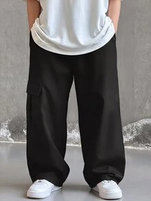 SHEIN 兒童青少年男孩休閒日常舒適工裝直筒寬鬆長褲，黑色工裝褲，新年，六七歲，適合外出、約會、上學，春夏秋冬四季皆宜 - 黑色 - 查看 4