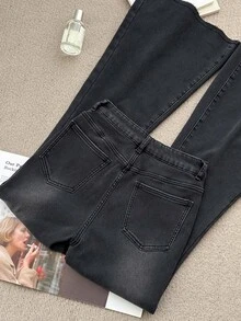 DAZY Women's Black High-Waist Button Washed Solid Color Loose Straight Leg Wide Leg Casual Denim Jeans, Autumn - Black - View 8