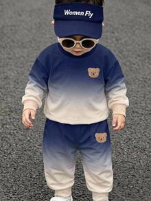 嬰兒幼兒圓領休閒舒適套裝，卡通圖案，適合秋冬穿著 - 彩色 - 查看 1