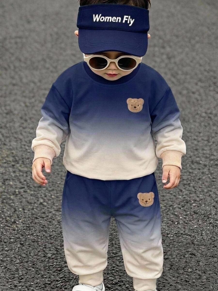 嬰兒幼兒圓領休閒舒適套裝,卡通圖案,適合秋冬穿著 - 彩色 - 查看 1