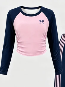 Tween Girls Casual Fashion Bow Design Pink & Navy Blue Colorblock Pattern Ruched Waist Long Sleeve T-Shirt With Navy Blue Base & Pink Stripe Wide Leg Pants Fall Outfits - Multicolor - View 4