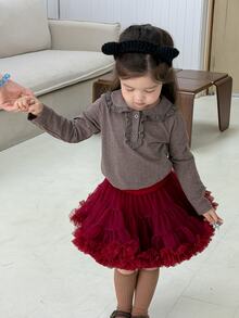 DAZY Infant (Girl) Casual Long Sleeve Top With Turn-Down Collar And Ruffle Trim - Coffee Brown - View 1
