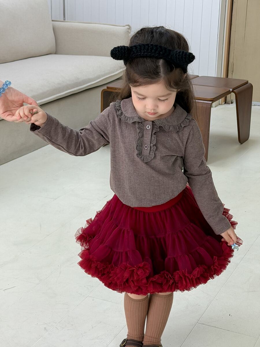 DAZY Infant (Girl) Casual Long Sleeve Top With Turn-Down Collar And Ruffle Trim - Coffee Brown - View 1