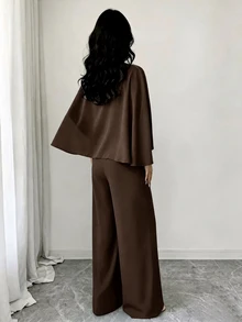 SHEIN Raffinéa 女款純色船領短版上衣與細肩帶寬腿連身褲優雅套裝 - 棕色 - 查看 2