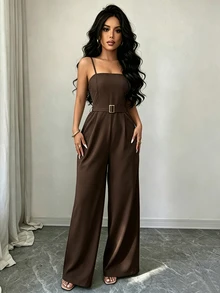 SHEIN Raffinéa 女款純色船領短版上衣與細肩帶寬腿連身褲優雅套裝 - 棕色 - 查看 4