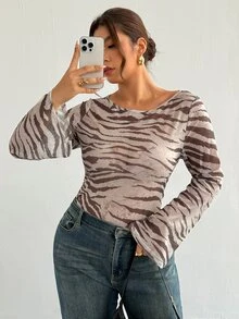 Firerie Plus Size Women's Animal Zebra Print Mesh Flare Sleeve Fitted Top Fall, Fall/Winter, Thanksgiving, New Year - Multicolor - View 7