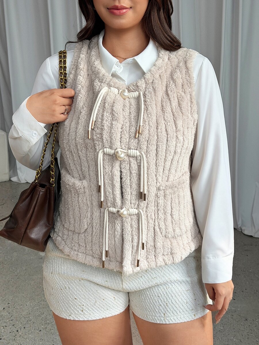 GalTyme Plus Size Women's Solid Color Casual Elegant Versatile Faux Fur Vest Winter Formal Cocktail Grey - Apricot - View 1