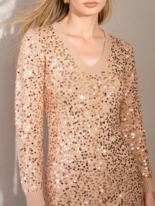 MOTF PREMIUM SEQUIN DECORATED GOLD V-NECK MID-LENGTH KNIT CARDIGAN - Gold - View 2