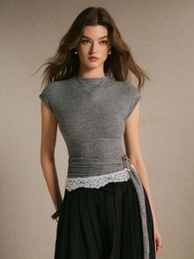 Poéselle Women's Lace Patchwork Casual Daily Short Sleeve Top - Grey - View 6