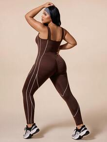 SHEIN Rhythm Era بدلة رياضية نسائية محبوكة بدون درزات مقاس كبير للجيم باللون البني للخريف بتصميم منحنيات بديلة - بني - مشاهدة 2