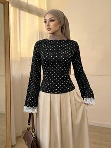 Celisse Polka Dot Print Flared Sleeve Contrast Color Lace Patchwork Elegant Autumn/Winter Women's T-Shirt - Black - View 4