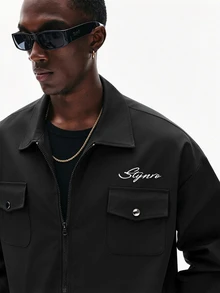 STYNVO Men's Autumn Fashion Letter Print Zip-Up Shirt - Dark Grey - View 4