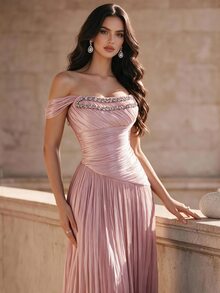 Coutiva Women's Rhinestone Embellished Pleated Waist-Cinching Slimming Elegant Strapless Evening Dress - Pink - View 1