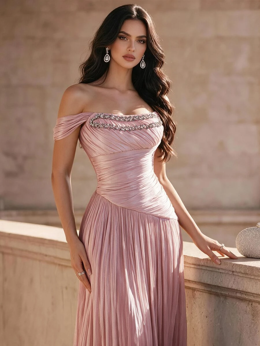 Coutiva Women's Rhinestone Embellished Pleated Waist-Cinching Slimming Elegant Strapless Evening Dress - Pink - View 1