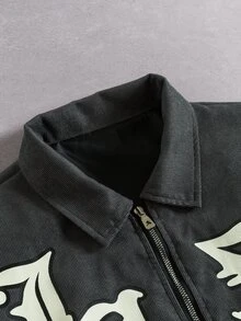 PAVTROS Men's Letter Print Long Sleeve Zip Front Casual Jacket , Y2k - Dark Grey - View 7