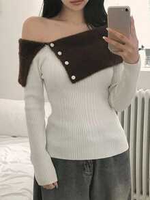 DAZY Women's Colorblock Off-Shoulder Casual Daily Long Sleeve Sweater Fall - White - View 9